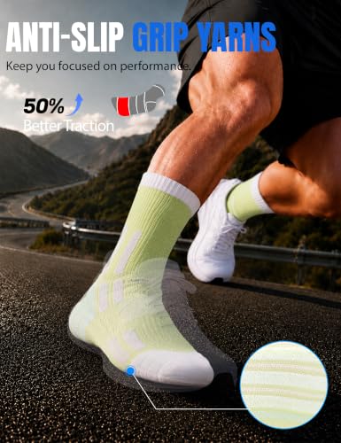 Crew Running Socks Men: Arch Support Cushion Compression Socks - color: F-light Green-3 Pairs, size: 6-9
