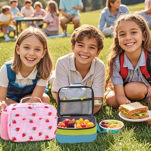 RHCPFOVR Kids Lunch Box for Girls Teens Insulated Lunch Bag Reusable Lunch Tote Kit for School Travel - color: Pink Strawberry
