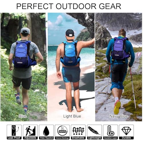 Mothybot Insulated Hydration Backpack Pack with 3L BPA Free Leak Proof Water Bladder, Large Storage Lightweight Hiking Daypack with Waist Pouches & Cooler Layer, for Running, Biking, Camping, Festival - color: Blue