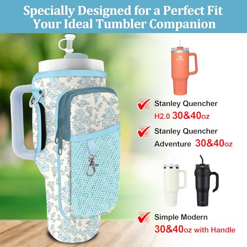 Stanley Carrier Bag for Stanley 40oz/30ozTumbler with Phone with 2 Adjustable Strap,3 Pockets Bottle Stanley Cup Carrier Bag & Case,Accessories for Hiking Travelling - color: Blue Flowers
