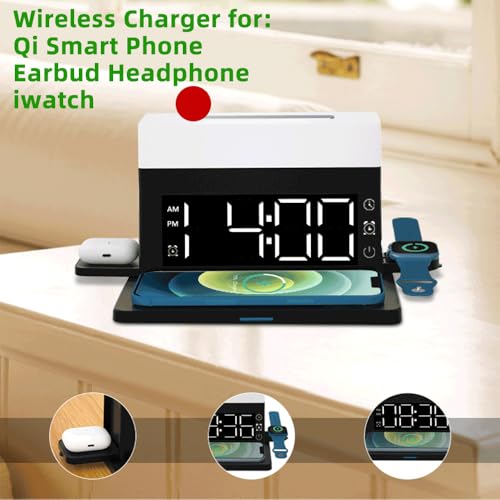 IHAO 6in1 Smart Alarm Clock with Wireless Charger RGB Mood Light 15W Fast Wireless Charging for All Qi Phone TWS Headphone Compliant with i-Watch 7 Color Night Light Large Digital Display-White - color: Multifunctional Alarm Clock White