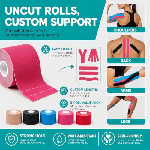 Kinesiology Tape 5 Rolls (2" x 16.4FT) Uncut Sports Tape - size: 2IN