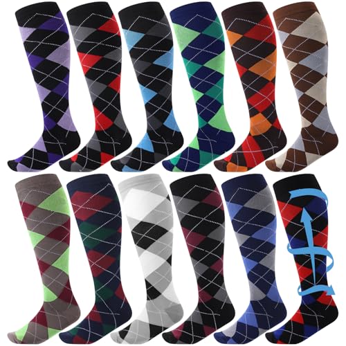 Shyyween 12 Pairs Men Knee High Compression Socks - size: Large, style: Colorful Argyle