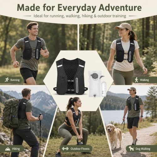 Unisex Running Hydration Vest Backpack with 2L Bladder & 500ml Soft Flask, Lightweight Adjustable Trail Running Vest for Men Women, Large Phone Pocket, Reflective Marathon Hiking Gear