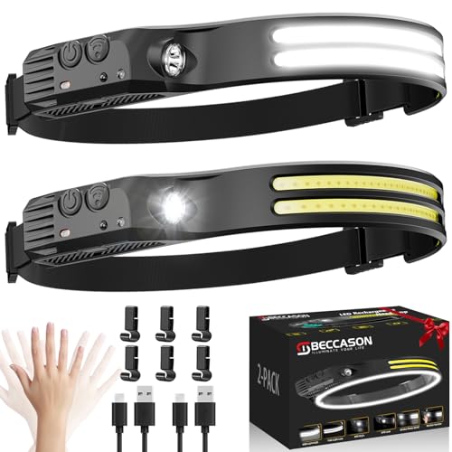 Beccason 2PCS Headlamp Flashlight, 230° Head Lamps LED Rechargeable Camping