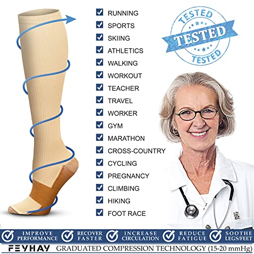 FEYHAY Copper Compression Socks (3 Pairs) 15-20 mmHg Circulation is Best Athletic & Daily for Men & Women, Running, Climbing - color: 3 Beige/Beige/Beige, size: Small-Medium