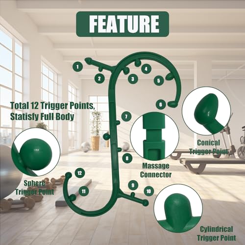 Ergonomic Deep Tissue Massager, Back Cane with 12 Massage Nodes for Neck, Back & Shoulder, Detachable Muscle Knot Relief Tool, Full Body Self Massage for Tension Relief (Green)