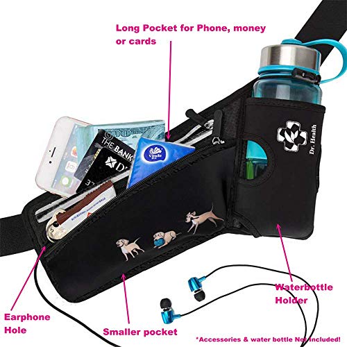 Running Belt Sport Waist Pack/Pouch w/Water Bottle Holder Hydration Fanny Pack Reflective Stripes Cellphone Storage Earphone hole for Dog walker Hiking Travel Adjustable (Black with Dog Prints) - color: Black with Dog Prints