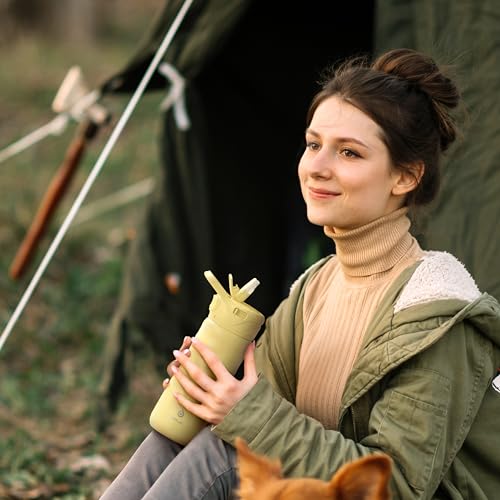 IDEUS Insulated Stainless Steel Water Bottle with 2 Leak-Proof Lids, Thermal Water Flask for Hiking Biking, 18oz, Light Yellow - color: Light Yellow, size: 18 Ounces