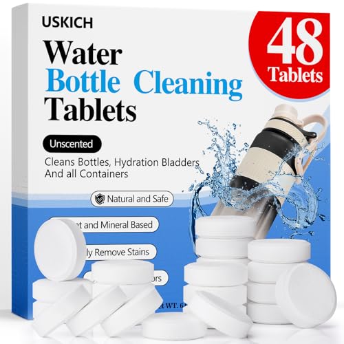 USKICH 48 Pack Water Bottle Cleaning Tablets,Water Bottle Cleaner Great for Stainless Steel, Thermos, Tumbler, Insulated and Reusable Water Bottles,Removes Stubborn Stains and Odors - size: 1 Count (Pack of 48)
