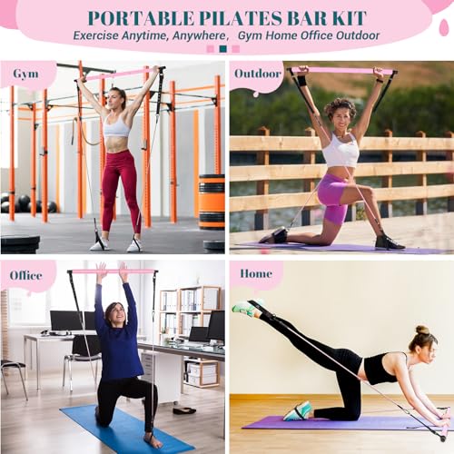 Pilates Bar Kit with Resistance Bands, Multifunctional Yoga Pilates Kit - color: Pink