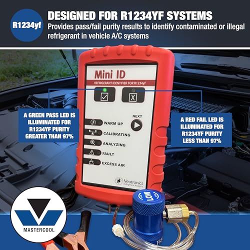 Mastercool 691234YF-MINI R1234yf Refrigerant Identifier – Compact PASS/FAIL Analyzer with NDIR Technology, Detects Air & Contaminants, Includes Calibration Kit