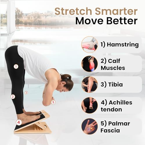 Calf Stretch Board - Incline Board, Slant Boards for Exercise, Squats Calf Stretcher, 300lbs Wooden Incline Wedge, Stretcher for Squats with Loop Band & 2 Sand Papers, Calf-Stretch Boards for Knees