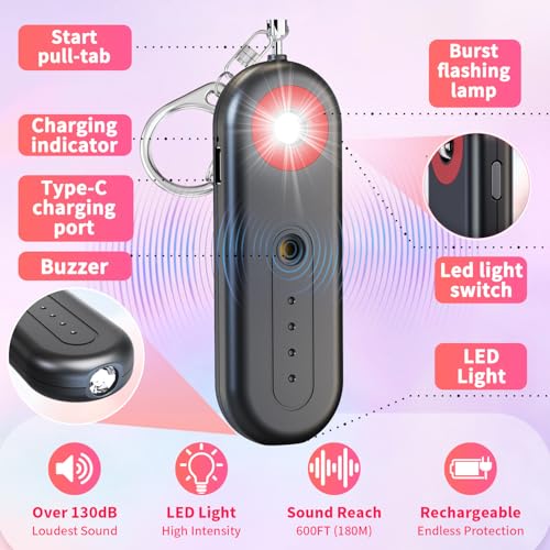 Rechargeable Personal Safety Alarm for Women - 130dB Self Defense Keychain Siren Whistle with SOS Strobe Light, Low Battery Notice - Security Protection Devices for Kids Elderly College Essentials - color: Rechargeable - Black