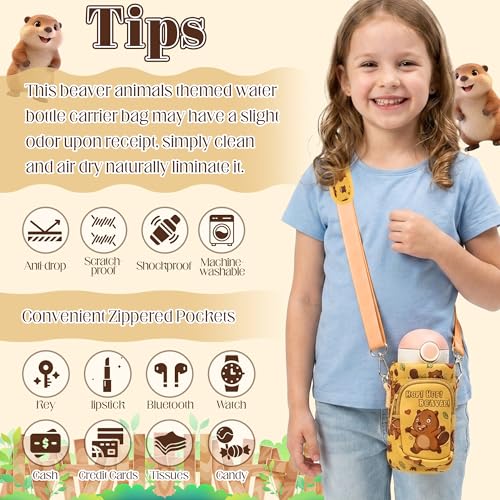 Water Bottle Carrier Bag with Strap for Kids - Water Bottle Bag Holder with Padded Strap Pocket 10/12/14/16/18Oz for Boys Girls School Walking Hiking Camping - style: Beaver