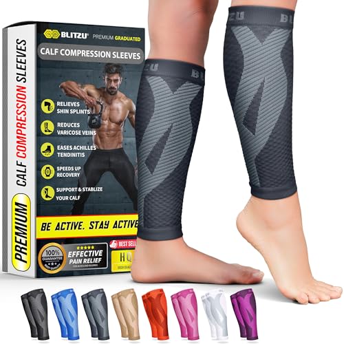 BLITZU Calf Compression Sleeves, Footless Compression Socks for Men & Women - color: Gray, size: Large/X-Large