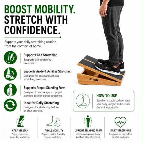 Adjustable Wooden Slant Board for Calf Stretching, 5 Angles