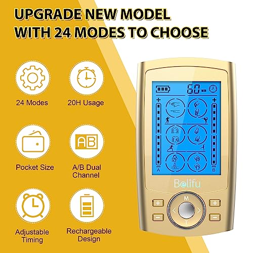 Belifu Dual Channel TENS EMS Unit 24 Modes Muscle Stimulator for Pain Relief Therapy, Electronic Pulse Massager Muscle Massager with 10 Pads, Dust-Proof Drawstring Storage Bag, Fastening Cable Ties - color: Gold