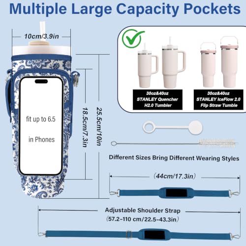 Water Bottle Carrier Bag for Stanley Cup 40/30oz, Neoprene Water Bottle Holder Pouch with 3 Pocket Adjustable Shoulder & Hand Strap - color: Blue Mandala Paisley