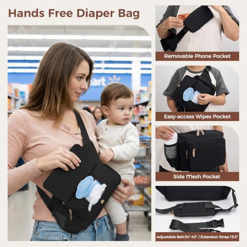 Rexmore Diaper Fanny Pack, Taslan Nylon Crossbody Mom Purse, Black - color: Black