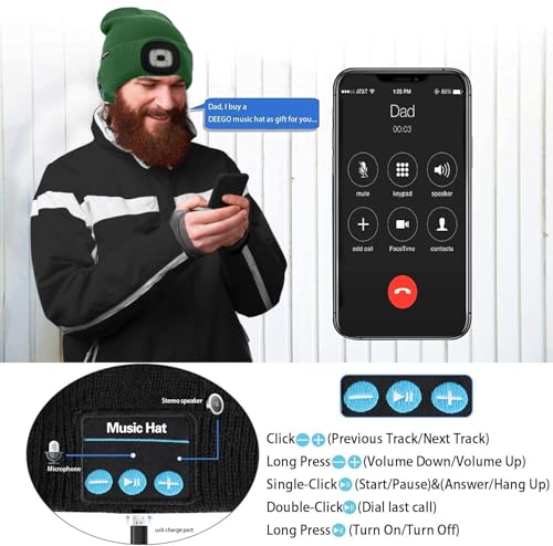 ATNKE LED Lighted Bluetooth Beanie Hat,USB Rechargeable 4 LED Wireless Music Running Headlamp Cap Gift for Men and Women - color: #Green