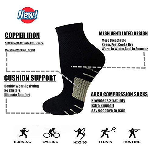 Sooverki Copper Compression Socks Women and Men 6 Pairs - Circulation Arch Support Plantar Fasciitis Running Ankle Socks - color: A4 - 6 Black, size: XX-Large