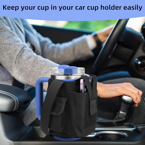 Xxerciz Water Bottle Carrier Pouch with Phone Pocket for Stanley 30 oz Tumbler with Handle, Nylon Water Bottle Holder Pouch with Adjustable Strap for Stanley Cup Accessories, Black
