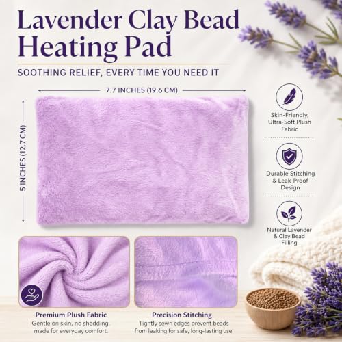 Microwavable Heating Pad with Ultra-Soft Plush Cover, 8×5" Clay Ball Heat Pack for Cramps, Neck, Back & Shoulder Pain Relief, Moist Hot Cold Therapy, Washable Cover, Purple