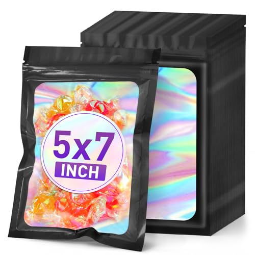 ANZNKU Holographic Mylar Bags 5x7 Black Resealable 50PCS Candy Goodie Bags - color: Holographic Black, size: 5x7 Inch