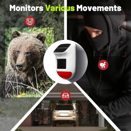 Solar Motion Sensor Alarm - 120dB IP65 Waterproof Security Siren with Remote & Strobe Light, 3 Modes for Yard/Farm/Home, 5-8m Pet-Friendly Detection (Animal Sound (Or You can add Your own Voice))