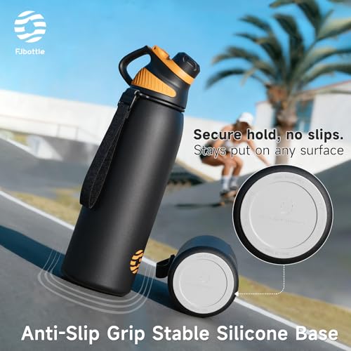 FJbottle 24oz Stainless Steel Insulated Water Bottle No Straw Spout Lid - color: Classic Black, size: 24 Ounces