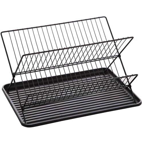 BINO 2-Tier Collapsible Dish Rack with Tray - Matte Black | Dish Drainer Kitchen Plate | Holders for Cups & Plates | Foldable Rack for Kitchen Countertop | Storage and Organization