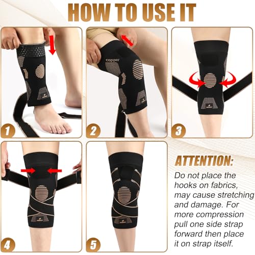 NEENCA Copper Knee Braces, Compression Sleeves with Straps for Pain Relief - color: High Copper-Pair, size: Large