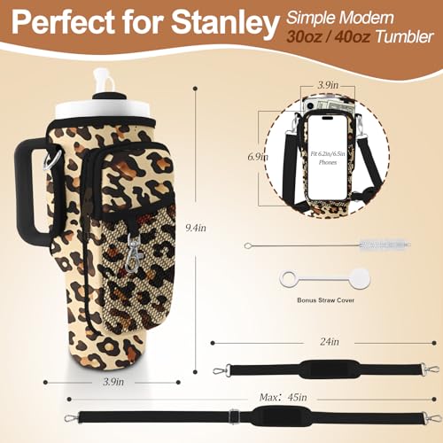 Water Bottle Carrier Bag for Stanley Cup 40oz/30oz with Phone Pocket, Neoprene Water Bottle Holder with Adjustable Shoulder & Handle Strap, Stanley Cup Accessories for Walking Travel Gym - color: Brown Leopard Print