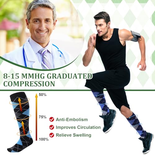 Shyyween 12 Pairs Men Knee High Compression Socks - size: Large, style: Colorful Argyle