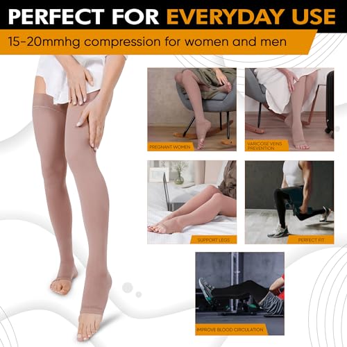 Doc Miller Thigh High Open Toe Compression Stockings 15-20mmHg - color: Beige, size: X-Large