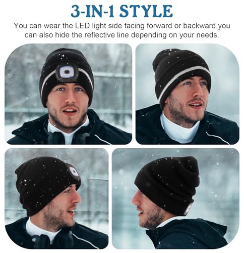 MELASA Reflective Stripe Beanie with the Light, Warm Hat with Light Outdoor - color: Black
