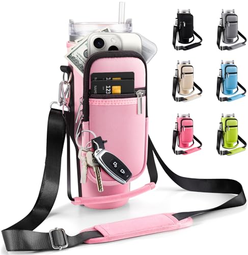 Water Bottle Carrier Bag for Stanley Cup 40 oz with Phone & Storage Pockets - color: Pink
