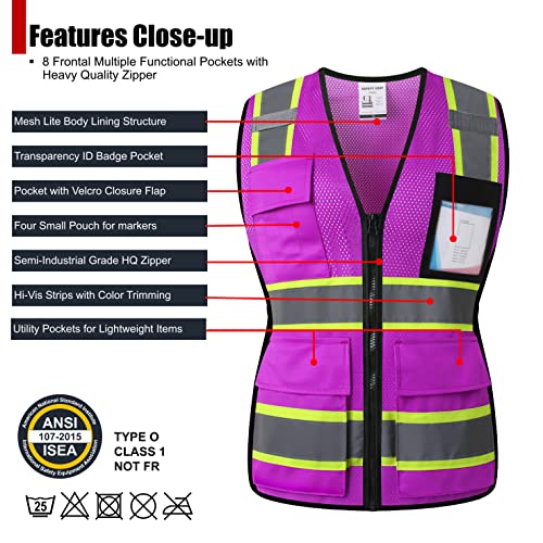 Safety Vest for Women High Visibility Vest with 8 Pockets and Front Zipper Mesh Reflective Vest Meets ANSI/ISEA Standards(Purple-17, Medium) - color: Purple-17, size: Medium