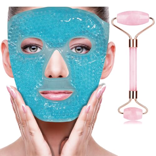 ZNÖCUETÖD Ice Face Facial Jade Roller and Ice Face Mask Cold - color: Blue+pink