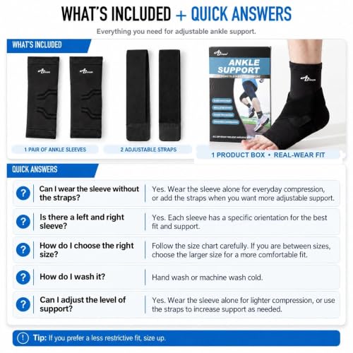 ABIRAM Ankle Brace Compression Sleeve with Adjustable Support Strap - color: Black, size: Large