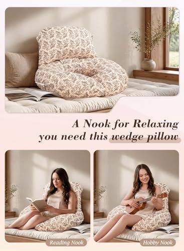 INSEN Wedge Pillow Set for Sleeping and After Surgery, Use for Acid Reflux, Reading and Relaxing, Headboard Pillow for Sitting in Bed, Brown Flower - color: Brown Flower