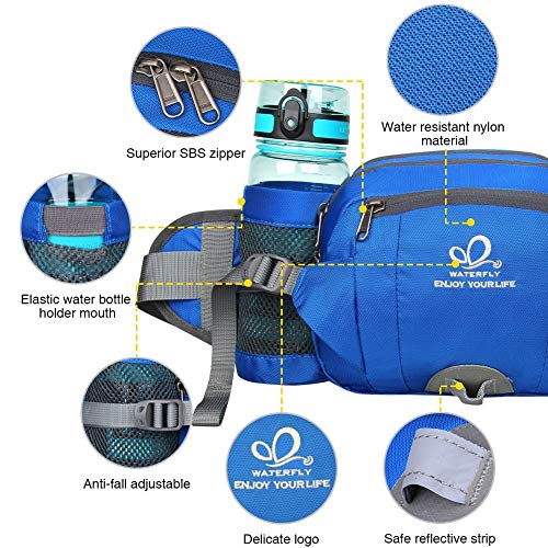 WATERFLY Fanny Pack Waist Bag: Fannie Pack 2 Water Bottle Holders Lumbar Belt Hiking Walking Running Jogging Camping Large Woman Man (Bottle Not Included) - color: Blue