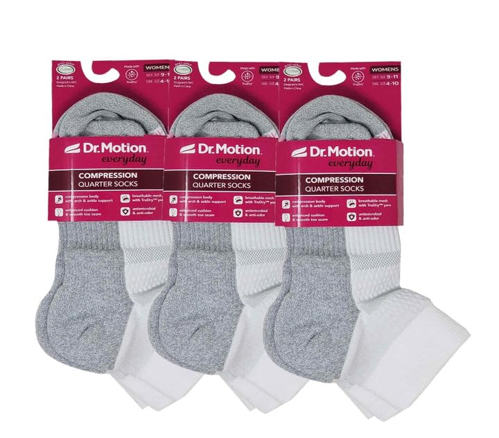 Dr. Motion Compression Quarter Socks For Women With Enhanced Cushion And Breathable Arch Support 6 Pairs - color: White