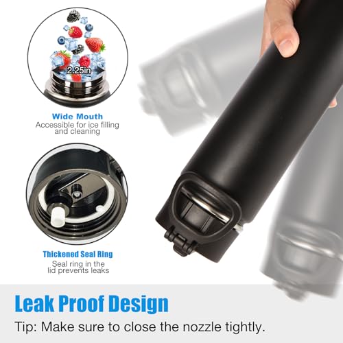 Volhoply 24oz Insulated Water Bottle with Straw Lid, Black, 1-Pack - color: Black
