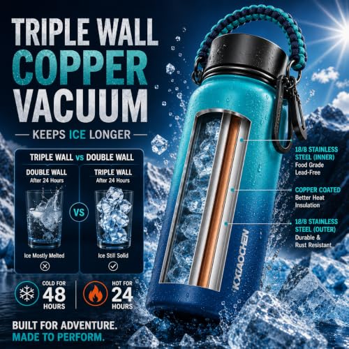 KXIAOCHEN Insulated Water Bottle with Strap, 48-Hour Cold, 2 Lids - color: Dark-Night, size: 32 Ounces