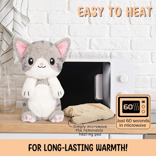 Happy Fuel Grey Cat Microwavable 1.5 lbs Unscented Heating Pad for Women & Kids- Cute Soft Cozy Pillow Plush Heatable Warm Stuffed Animals- Kawaii Hot & Cold Plushie - Gray Cat Gifts for Girls & Women - color: Grey White Cat