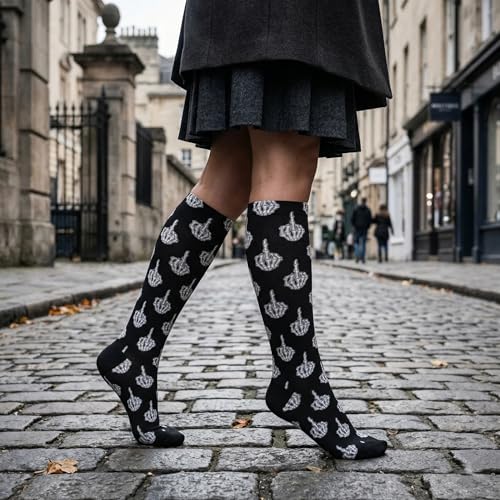 Compression Socks Knee High Support Stockings Women Men - color: Middle Finger Skull
