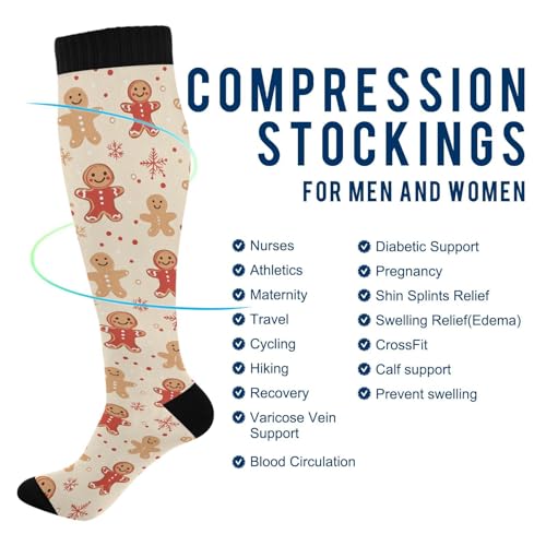 Snowflake Red Christmas Compression Sock for Women Men Funny Support Knee High Socks Running,Nurses,Travel - color: Christmas Gingerbread