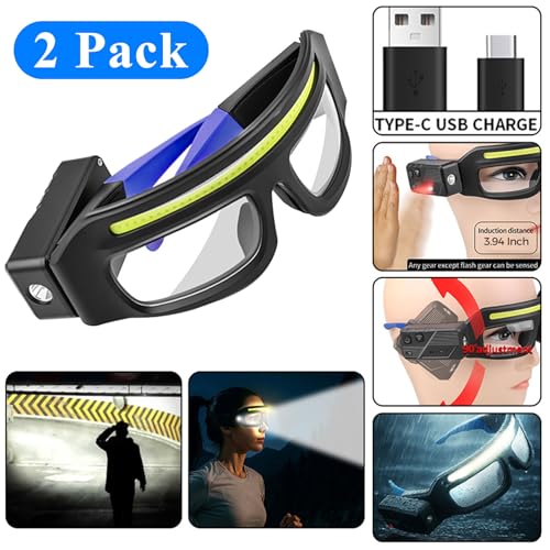 LED Headlight Glasses Rechargeable Headlight Glasses with Motion Sensor & Touch Control, Adjustable Safety Eyewear - color: Blue-2 Pack
